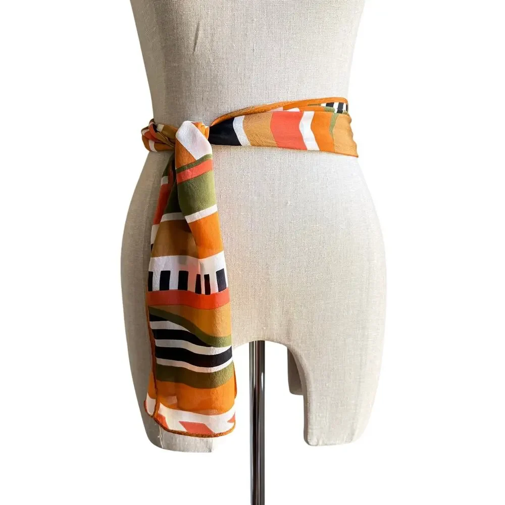 Vintage 100% Silk Scarf Abstract Print Orange Green Black Made in Japan